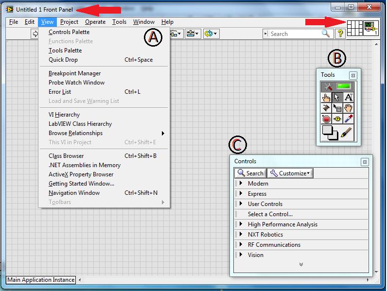 Figure 3: Front Panel showing Drop Down Menu, Tools, & Controls Palettes The front panel is the user interface of the VI.