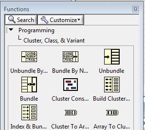 Figure 8: Cluster Function for Block Diagram To set the number of terminals needed, select a different terminal pattern for a VI by rightclicking the connector pane and selecting Patterns