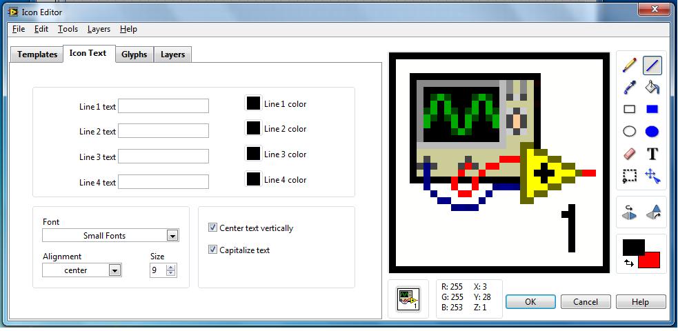 Figure 11: Icon Editor Every VI displays an icon in the upper right corner of the front panel and block diagram windows. An icon is a graphical representation of a VI.
