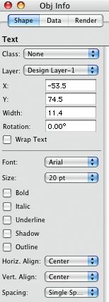After text is created, you can edit the font, text size, style, etc., from the Object Info Palette. When you create text it can be one line or several lines.