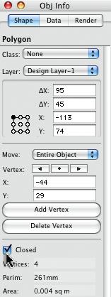 On the Object Info Palette there is a tick box that will fill in our missing side. Click on the Closed tick box. This is the easy way to close a polygon. Go to the Basic Tool palette.
