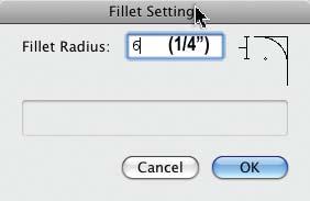 Set the Fillet Tool Preferences to 6mm (¼ in.). Start at the top left corner. Click once on the horizontal line.