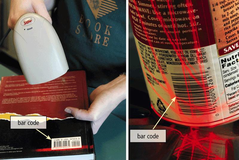 and Reading Devices A bar code reader, also called a bar code scanneruses laser beams to read bar codes Page 280