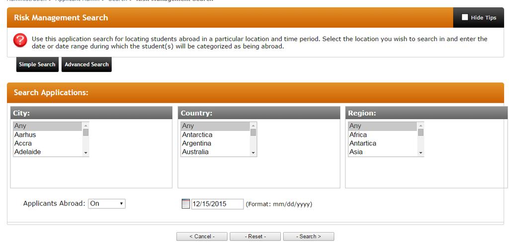 Locator Search In the Locator Search page, you can search for applications based on the location where the applicant will be while they are abroad.