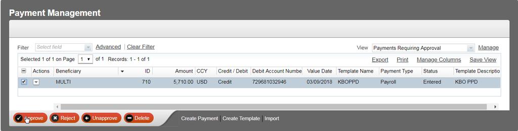 Select the checkbox next to the payment you wish to Approve then click on