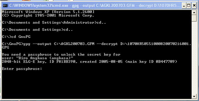 B. Proses Decryption GFMAS Arahan ( Commamd ) Decryption GFMAS untuk proses fail bayaran dari AG Arahan untuk decrypt fail ialah :- Contoh :- Gpg --output C:\ AGKL200702.