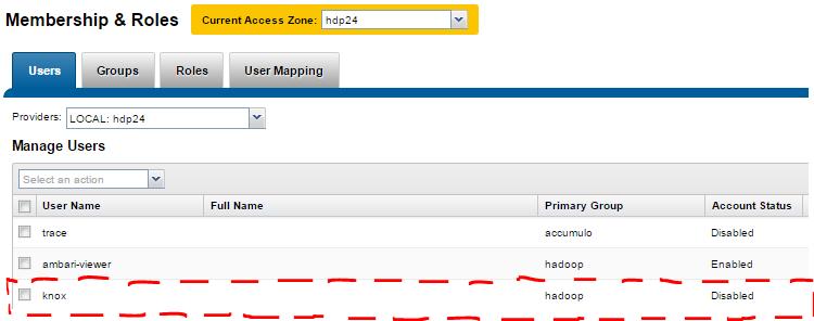 Create the knox user in the LOCAL HDFS Access Zone for your cluster in Isilon OneFS.