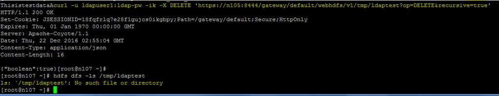 The above curl command connects to the Knox gateway on port 8444 as LDAP user ldapuser1 to execute the APPEND operation to add ApendInfo to data_file_new, the HTTP/1.