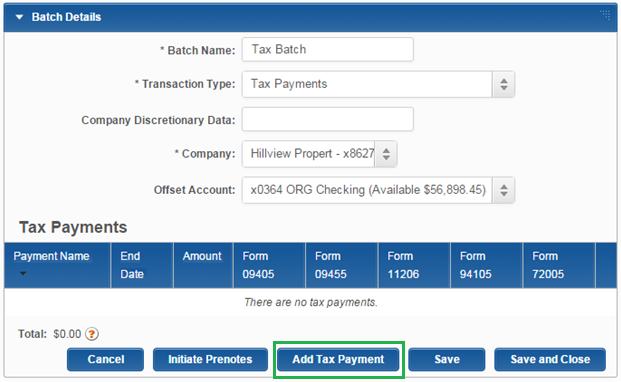 Once the batch details have been entered, click Add Tax Payment.