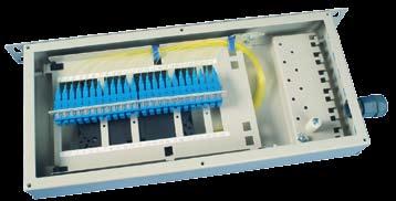 106 Termination Boxes www.leoni-ftth.com TBP E3 Splice/Patch Management E3 Metallic termination box including a splice tray holder and a patch panel. The box has a cover, which is locked with screws.