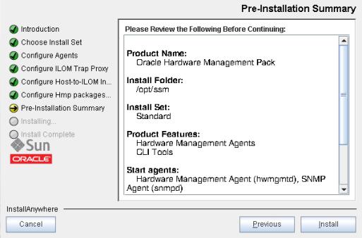 Install Hardware Management Components Using GUI Mode 8. A Pre-Installation Summary screen appears with information similar to the following screen.