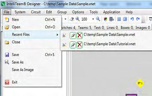 Tools and Features File Menu File > New File > Open File > Recent Files When selected, IntelliTeam Designer clears the circuit diagram but does not exit the application.