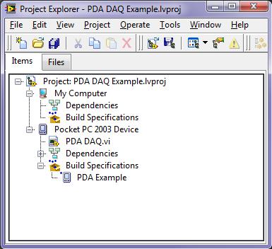 Figure 8: Mobile Project outline (left) and front panel of the PDA DAQ program (right) This is a simple single-vi program. If not already open, double click the VI shown in the project outline.