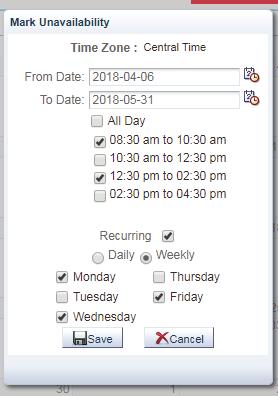 Example 5: The user would like to mark as unavailble multiple time slots on specific days of the week. Step 1: Enter the beginning of the scheduling period in the From Date.