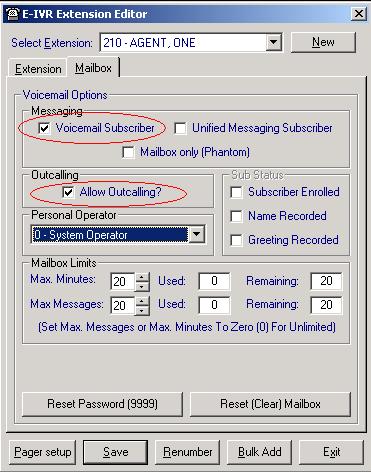 8. In the Mailbox tab of the e-ivr Extension Editor window, check Voicemail Subscriber and Allow Outcalling? then click Save. 9.