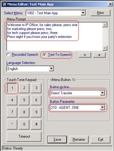 12. In the Menu Editor window, go to the Menu Prompt field and type the prompt you wish the Menu to play to the caller, select Text-to-Speech, and configure Button Action and Button Parameter values