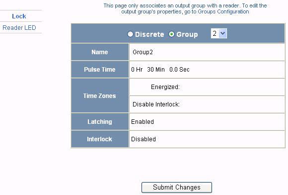 To view a configuration of a group of outputs, click Group and select the group number from the dropdown list at the top of the screen. The group configuration appears.
