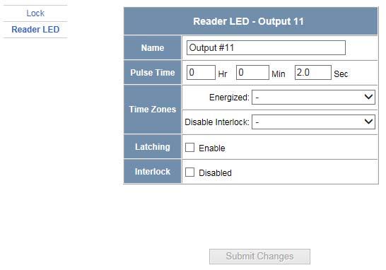 The LED Reader dialog box enables you to configure the Reader LED: The Outputs tab enables you to: Configure the following for each of the door s output locks and