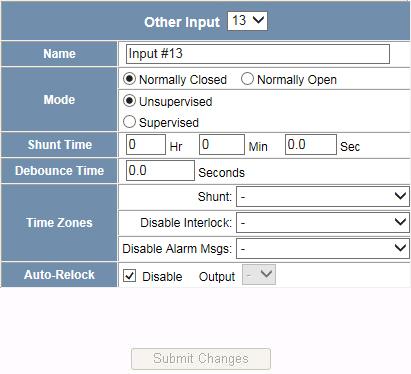 Click Inputs to display the Inputs screen: Figure 26: Configure > Other I/O & Groups > Inputs Tab The Input tab enables you to: Configure the mode, debounce time, and time zones for another input