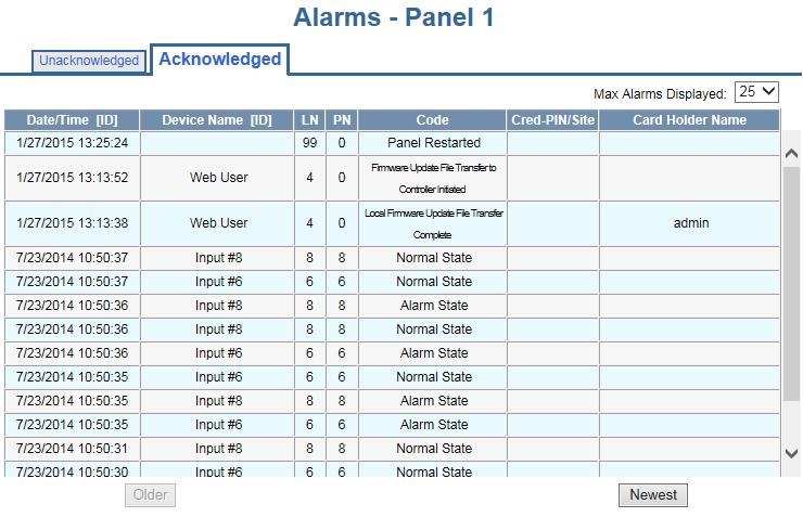 Monitoring NetAXS Status Click the Acknowledged tab to display the acknowledged alarms: Figure 42: Status > Alarms > Acknowledged Tab Table 18 describes the information displayed on both the