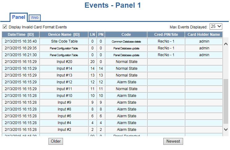 Monitoring NetAXS Status 4.3 Monitoring Events The Events page monitors both panel- and web-generated events. For example, a panel event is the reading of a card by a reader.