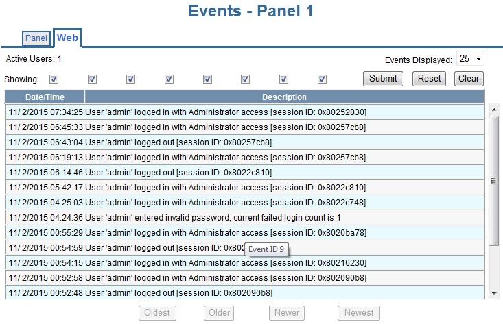 Monitoring NetAXS Status Click Status > Events > Web to display the Web events tab: Figure 44: Status > Events > Web Tab Note: 1.