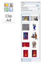7 Inserting Clip Art 2. Click Clip Art. The Clip Art window appears on the right side of the screen. 3. Type in a keyword. 4. Click Go. 5. Browse through the results. 6.