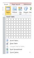 9 Inserting a Table Method 1: 1. From the Insert tab, click on Table. 2. Hover the mouse across the down the grid to create the table. 3.