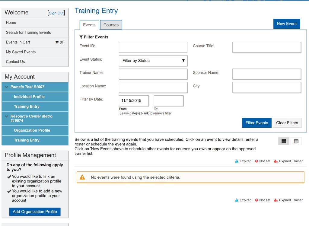 Training Entry Page for Trainer 1.