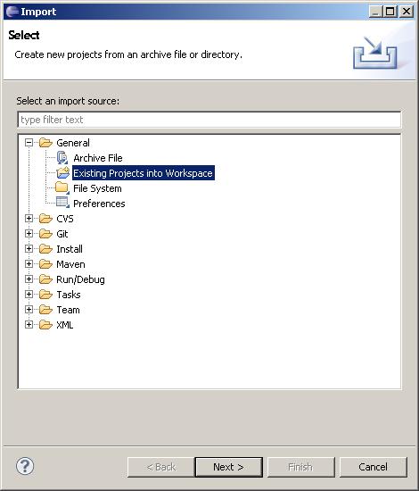 Figure 53: Selecting Existing Projects into Workspace in Import dialog box c) On Import Projects