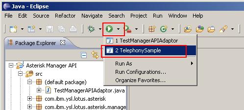 Execute the modified Telephony Adaptor program and verify that Sametime Connect client shows the telephony presence. a) Select Run > Run History > TelephonySample from menu to execute TelephonySample.