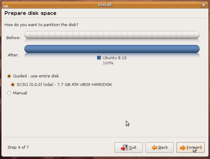 You are given two choices 1. Guided partition- For first time users. It will partition the entire disk space.this is useful for installing Ubuntu on an empty hard disk. 2.