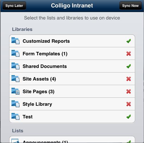 7. Tap to select or deselect a list or library that you want to sync. The following lists are disabled by default and need to be enabled manually: c. Form Templates d. Site Assets e. Site Pages f.