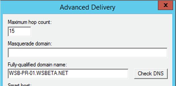 20. In the Delivery tab, click Advanced 21. Fill in the Smart host to External On Prem Relay IP address (B, page 4). 22. Click OK. 23.