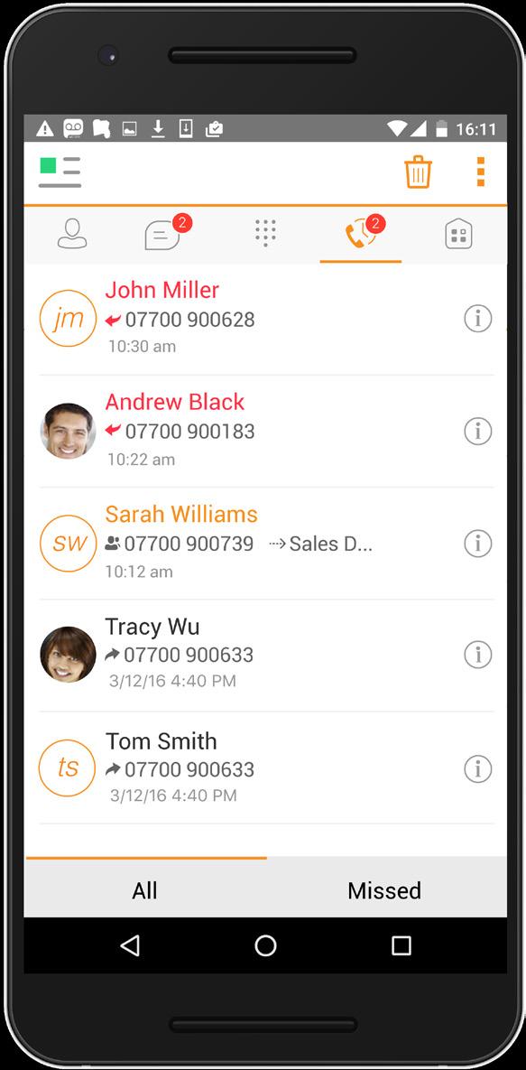 9 Call History Call history can be accessed from the History tab. Communicator saves a call history for all and missed calls.