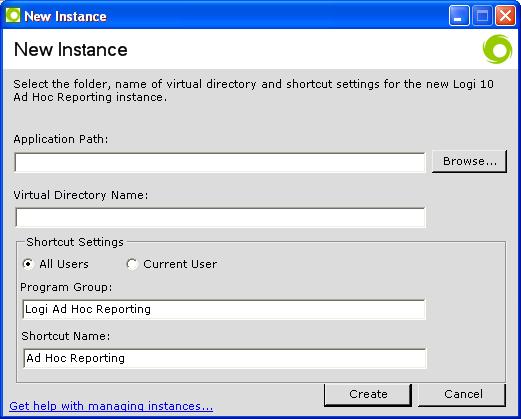 The two key pieces of missing information in this dialog are the physical folder destination (Application Path) of the new instance and the Virtual Directory Name.
