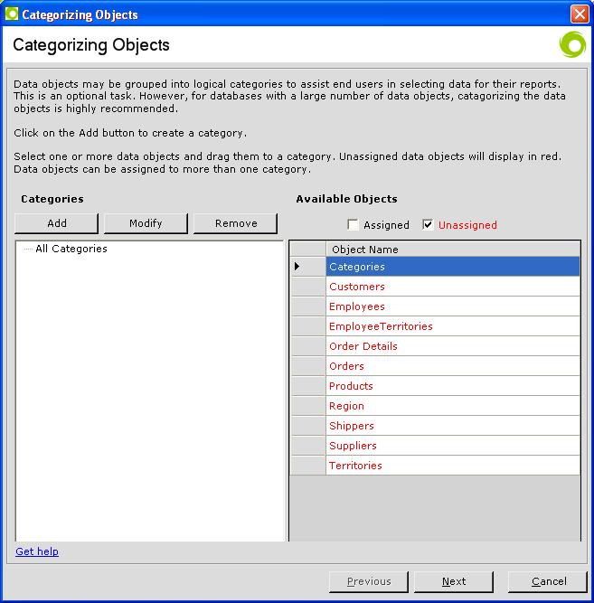 Page 19 The Categorize Objects dialog may be presented if over 50 objects are included in the schema.