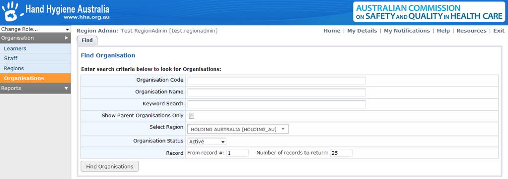 Click on Find Organisations : Click on the name of a specific organisation, then click on the