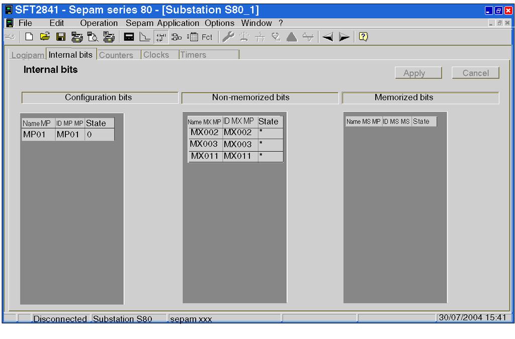 Operating a Program Setting Internal Bits The Internal bits tab is used to display the bits used by the program and to toggle the state of the configuration