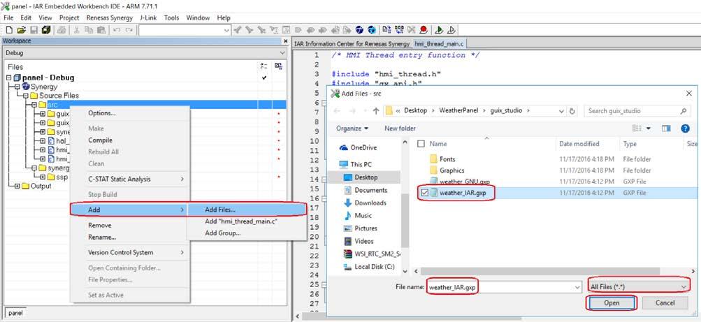 3. Extension and shortcut for GUIX Studio project in IAR EW for Synergy It is possible to add the GUIX Studio project into the IAR EW for Synergy project by just adding the file with the