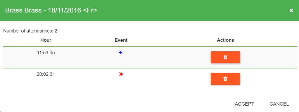 show the following screen: It will You can select employee, date and time, the attendance event and