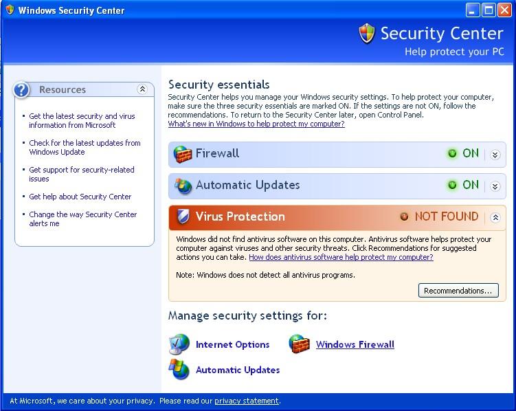 "Security Center" -> "Windows