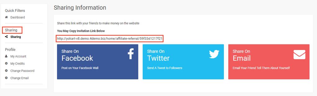 2.0 Sharing Affiliate users will be able to view the Sharing parameter in their left navigation. After clicking on Sharing, they will be redirected to Sharing link page.