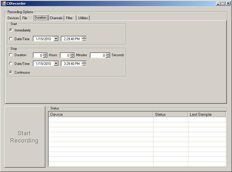 3.4 CXRecorder Duration tab The CXRecorder Duration tab specifies the recording session timing and duration. All times are referenced to local times based upon the host PC s clock.