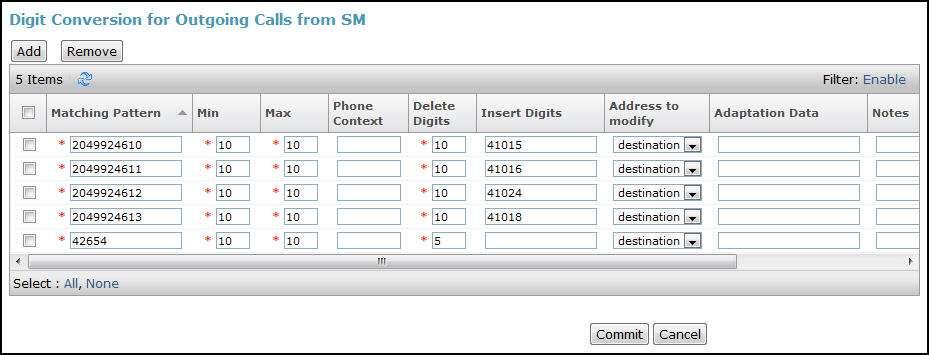 To map inbound DID numbers from MTS to Communication Manager extensions, scroll down to the Digit Conversion for Outgoing Calls from SM section. Create an entry for each DID to be mapped.