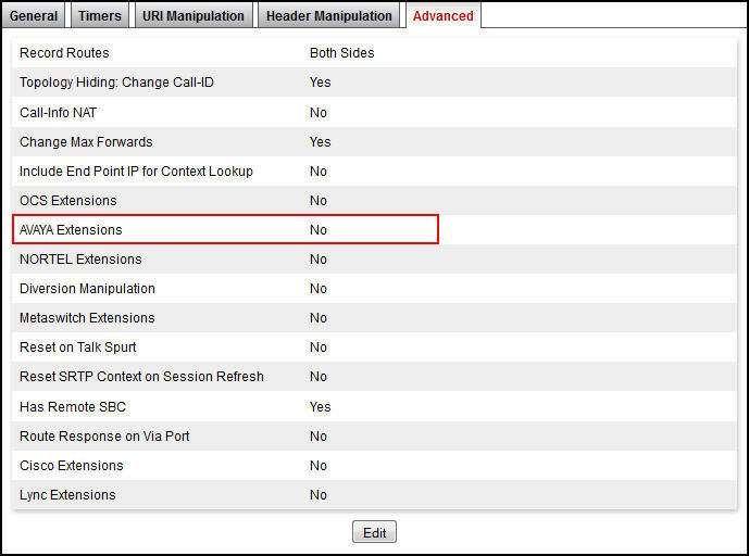 The Advanced tab parameters are shown below. Note that AVAYA Extensions is set to No. 7.6.