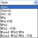 Open, Shared, 802.1X,WPA, WPA-PSK, WPA2, WPA2-PSK, Mixed WPA-WPA2, Mixed WPA-WPA2-PSK. Different item leads different web page settings. Please read the following information carefully.