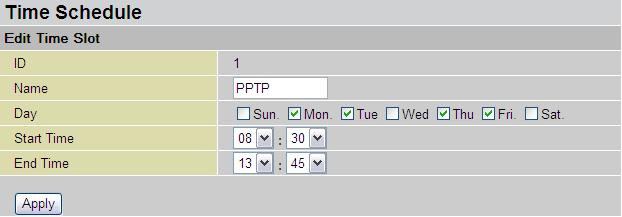 Example: I need to reserve a specific time period for allocating bandwidth for my VPN-PPTP connection during weekdays except on Wednesday from 8:30AM to 1:45 PM (13:45 in 24hour clock) for business