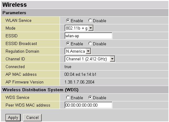Wireless Parameters WLAN Service: Default setting is set to Enable. If you do not have any wireless, both 802.11g and 802.11b, device in your network, select Disable. Mode: The default setting is 802.