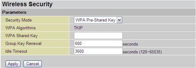 WPA Shared Key: The key for network authentication. The input format is in character style and key size should be in the range between 8 and 63 characters.